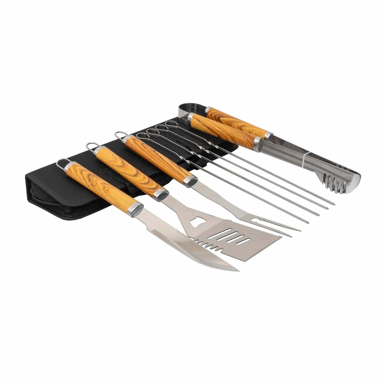 Set 8 piese inox cu maner lemn pentru gratar plus borseta depozitare