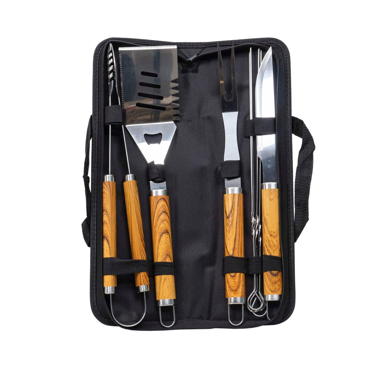Set 8 piese inox cu maner lemn pentru gratar plus borseta depozitare