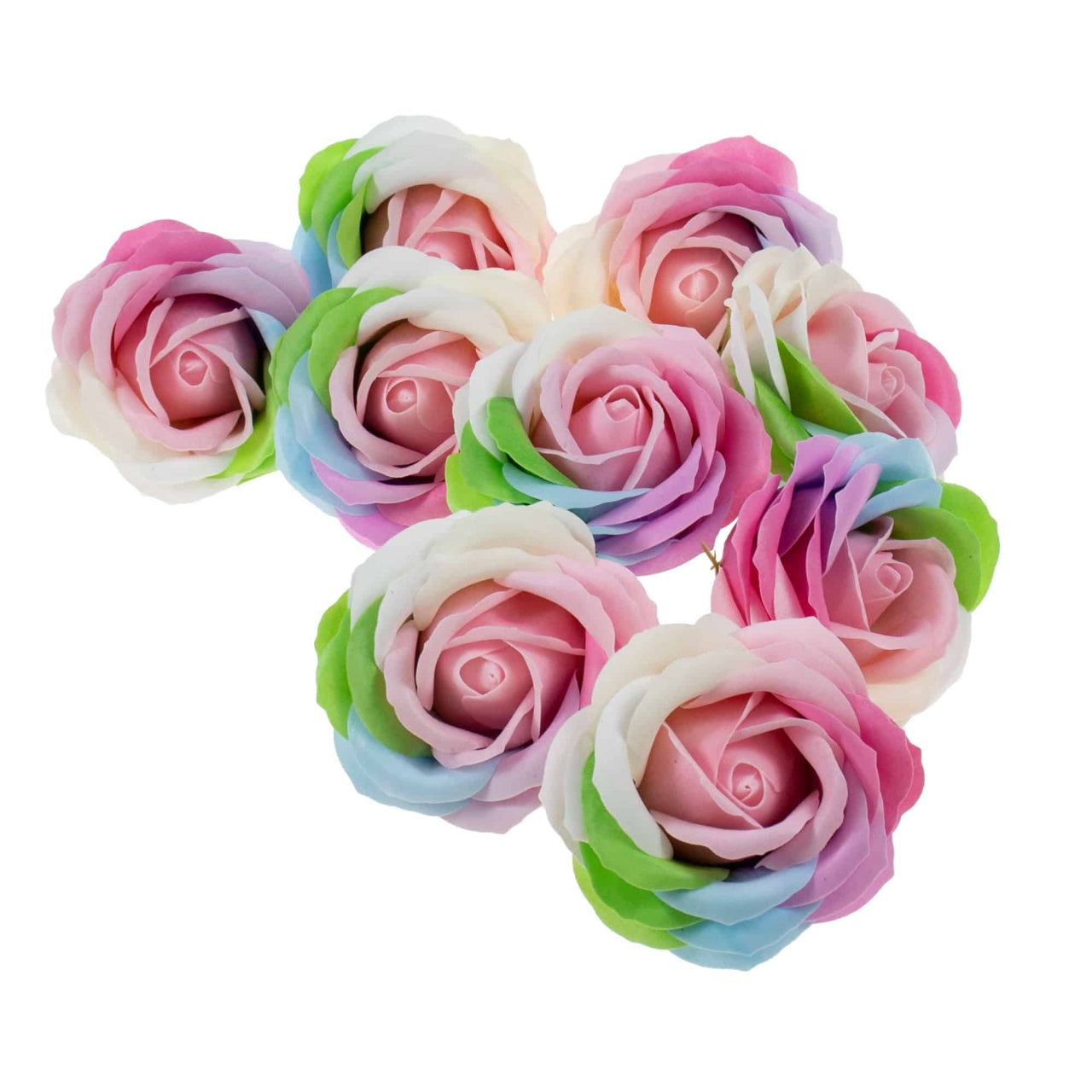 Set 9 trandafiri multicolori din sapun cu parfum fin si miez roz pal