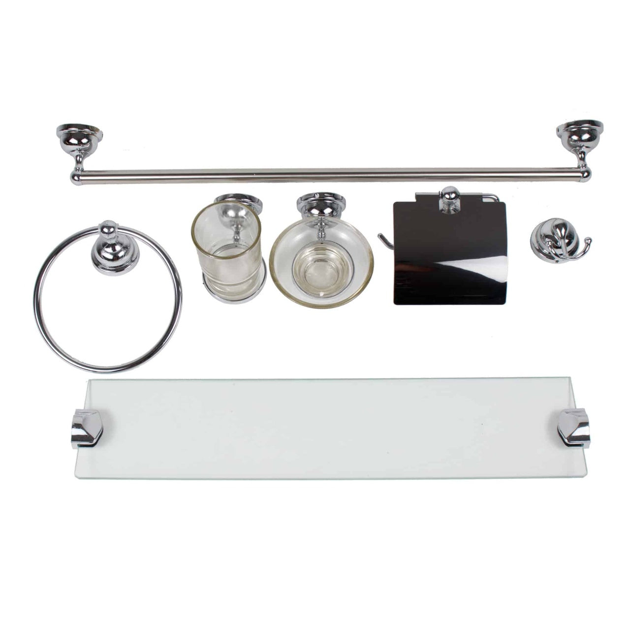 Set accesorii baie 7 piese cu suporti cromati si sticla transparenta