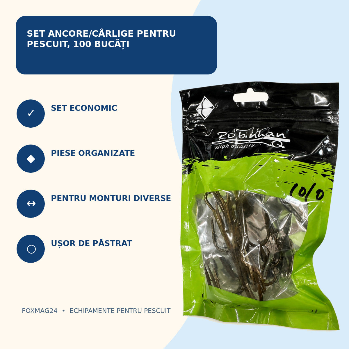 Set Ancore/Cârlige pentru Pescuit, 100 Bucăți – caracteristici