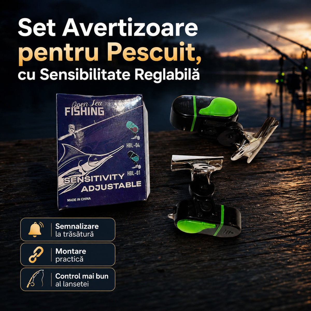 Set Avertizoare pentru Pescuit, cu Sensibilitate Reglabilă – imagine principală promoțională