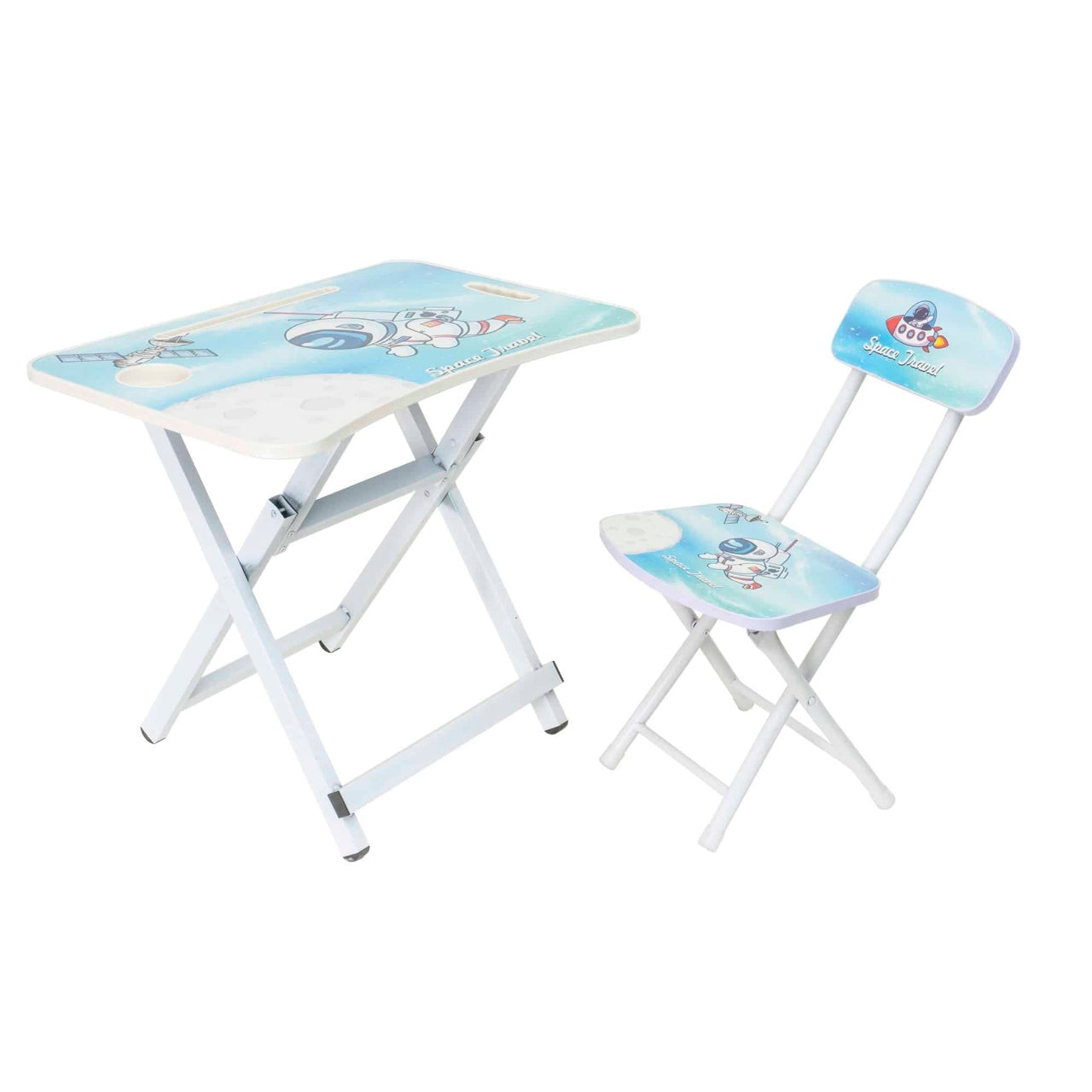 Set birou si scaun pliabile pentru copii, metal si lemn, albastru