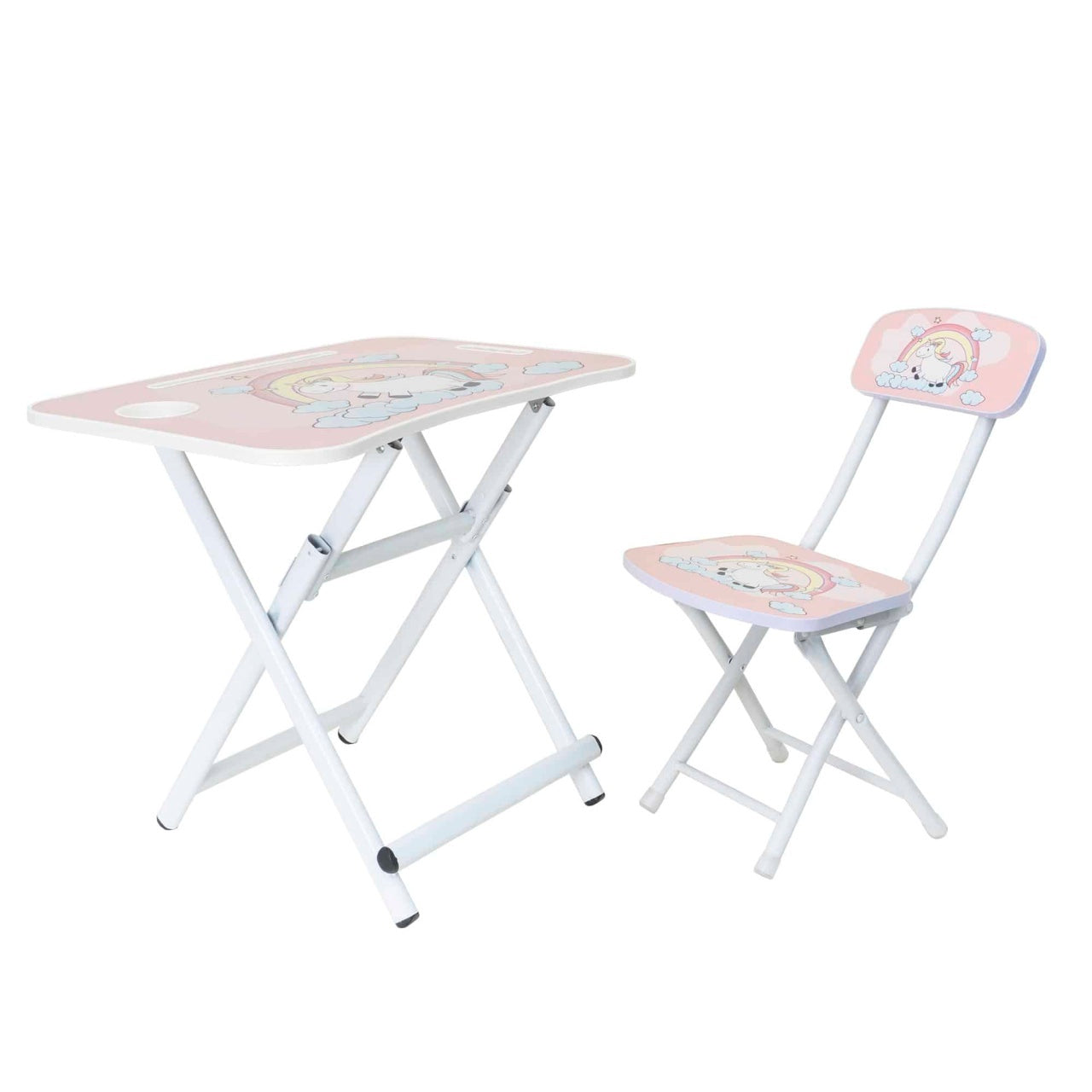 Set birou si scaun pliabile pentru copii, metal si lemn, roz