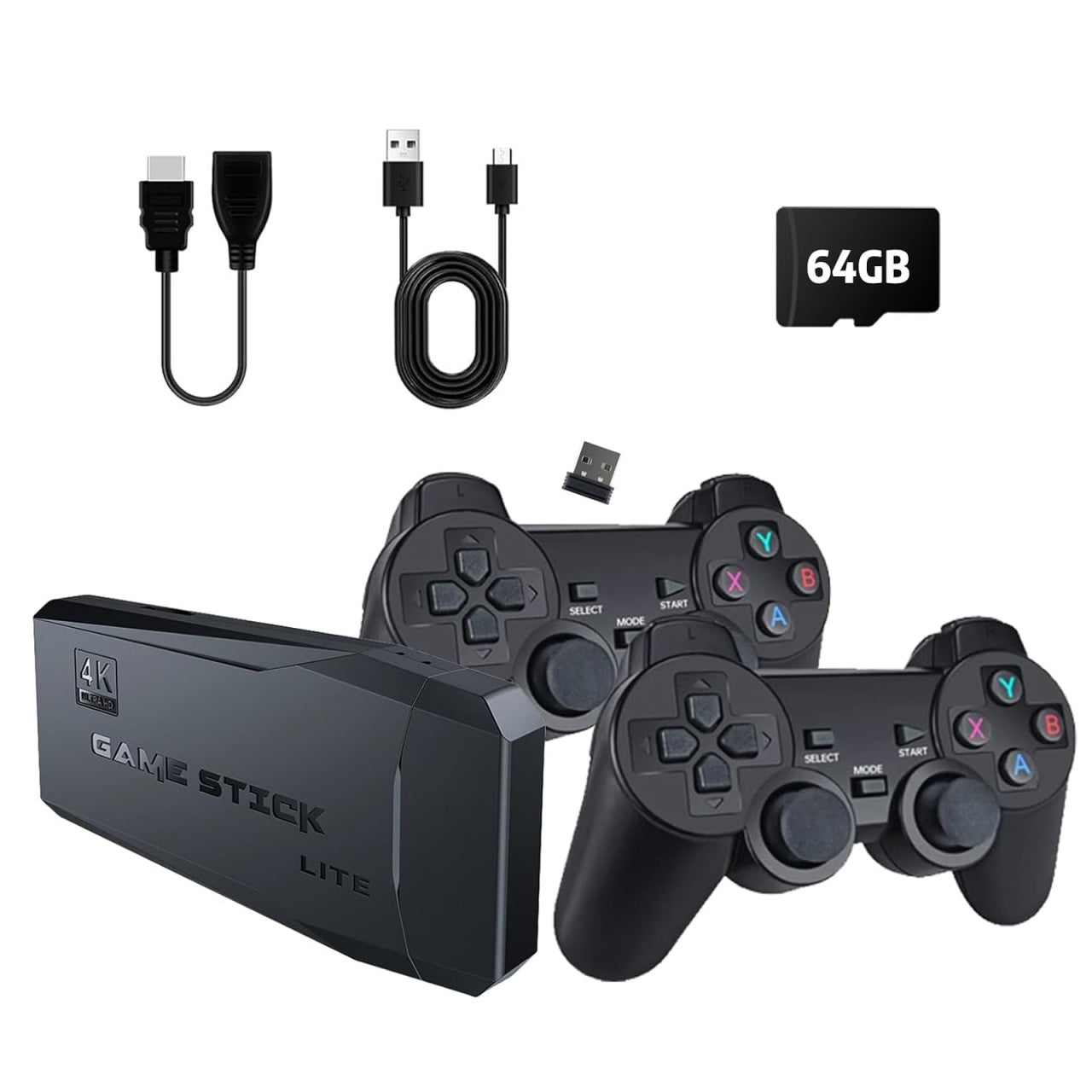 Set Consola jocuri tip stick, NUODWELL, Cu 20000 de jocuri incorporate, Cu 2 controler wireless, HDMI, USB wireless 2.4 GHz, 64GB, Plug si Play, Pentru TV, Proiector, Monitor, Negru