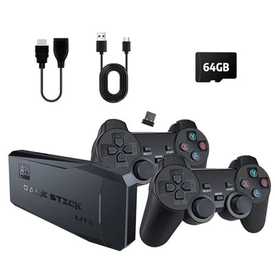 Set Consola jocuri tip stick, NUODWELL, Cu 20000 de jocuri incorporate, Cu 2 controler wireless, HDMI, USB wireless 2.4 GHz, 64GB, Plug si Play, Pentru TV, Proiector, Monitor, Negru