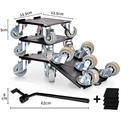 Set cu 5 piese pentru mutat mobila, suport cu roti, din metal si silicon, cu roți pivotante la 360 de grade, negru/gri