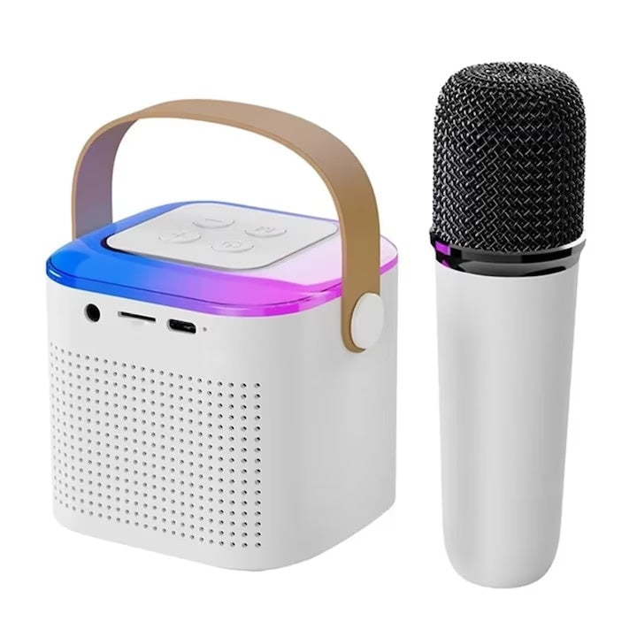Set cu statie si microfon smart, boxa wireless, portabil, cu dimensiuni reduse, pentru copii si adulti, cu jocuri de lumini, alb