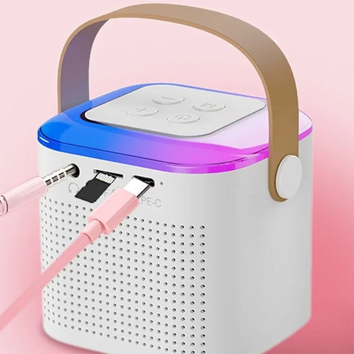 Set cu statie si microfon smart, boxa wireless, portabil, cu dimensiuni reduse, pentru copii si adulti, cu jocuri de lumini, alb