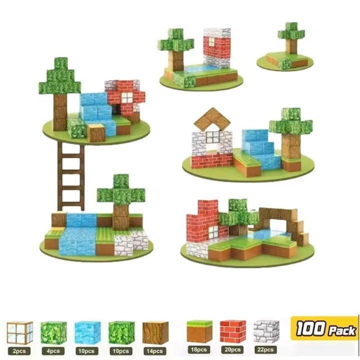Set Cuburi Magnetice, JPT Blocks 660, 100 cuburi, texturi Minecraft, multicolor, 3+ ani