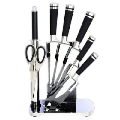 Set cutite cu 8 piese, confectionate din inox, cu lama din otel inoxidabil, manere erogonomice, cu suport, foarfeca si pila de ascutit