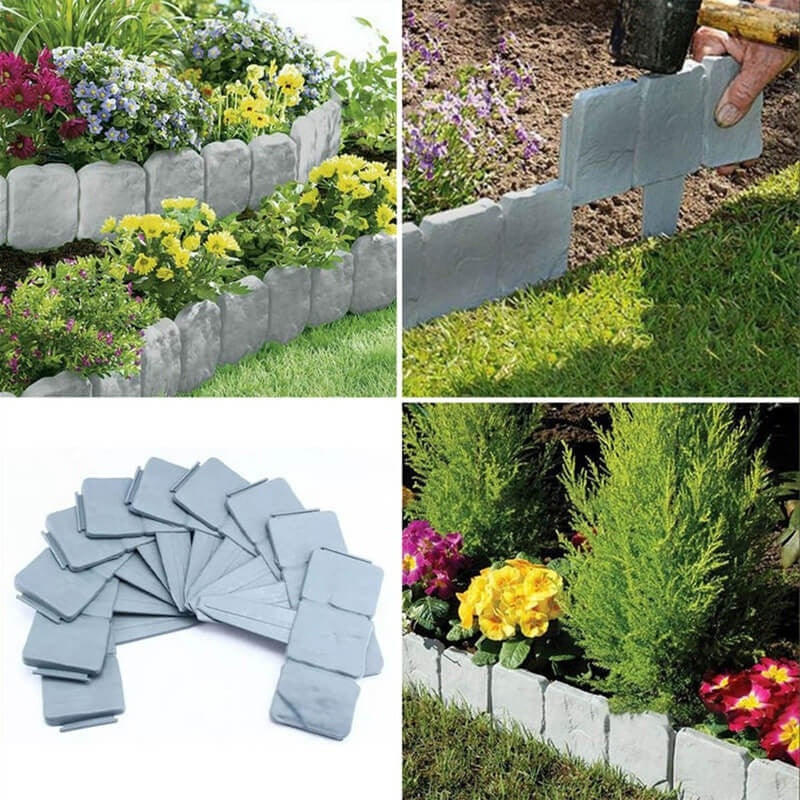 Set de borduri pentru gradina, cu 10 piese, dimensiuni 23 x 25 x 2 cm, cu aspect de piatra, flexibile, gri