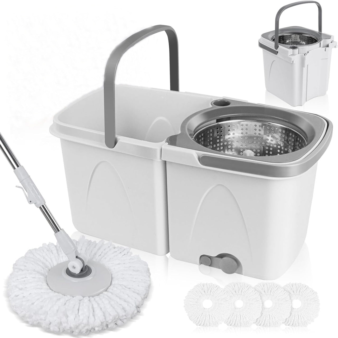 Set de curatenie, galeata cu mop, cuva si tija din inox reglabila pe inaltime, cuva de stoarcere din inox, galeata detasabila, alb