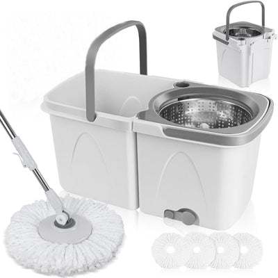 Set de curatenie, galeata cu mop, cuva si tija din inox reglabila pe inaltime, cuva de stoarcere din inox, galeata detasabila, alb