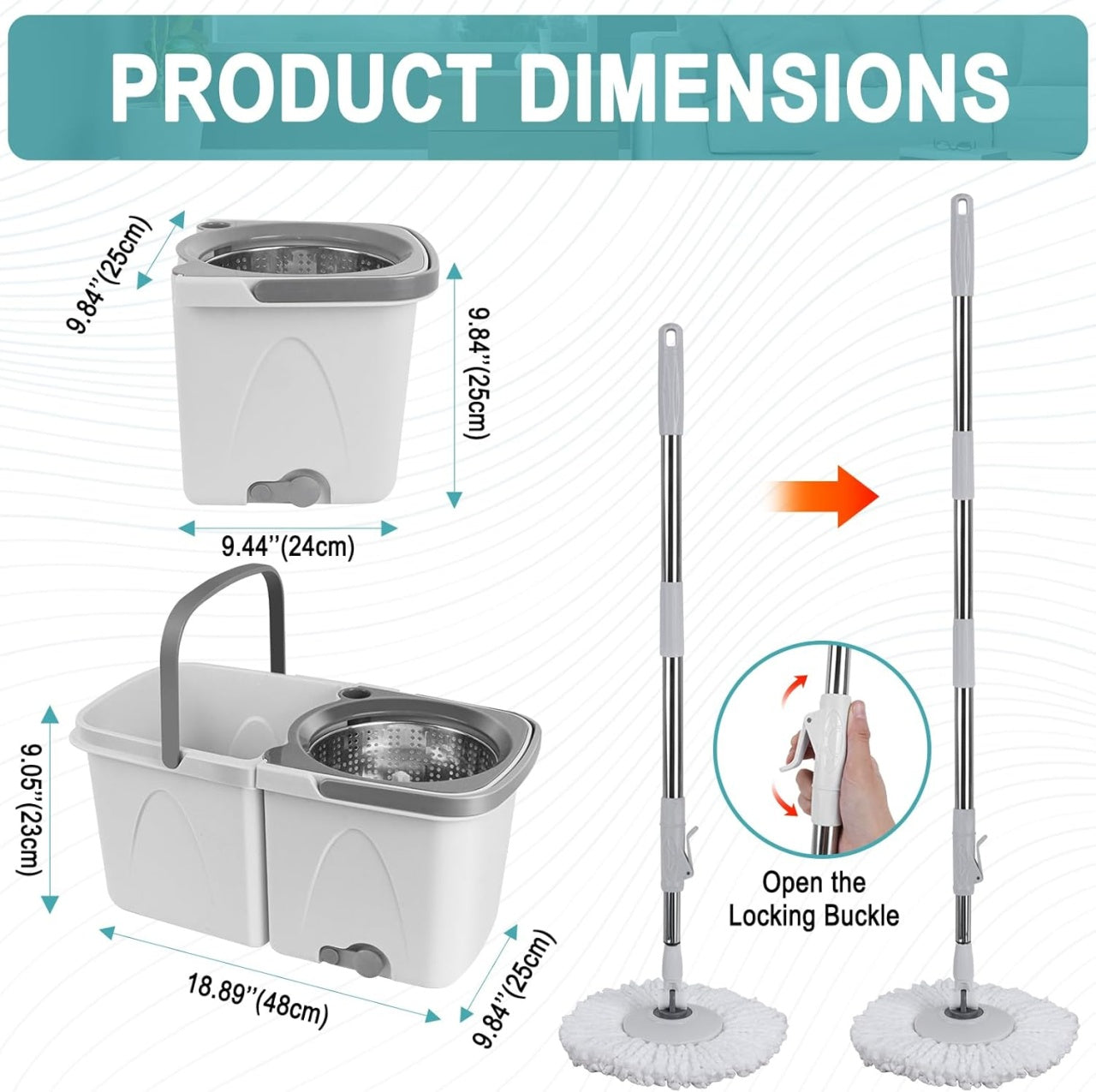 Set de curatenie, galeata cu mop, cuva si tija din inox reglabila pe inaltime, cuva de stoarcere din inox, galeata detasabila, alb
