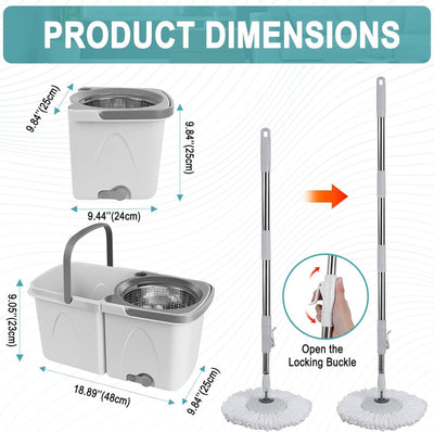 Set de curatenie, galeata cu mop, cuva si tija din inox reglabila pe inaltime, cuva de stoarcere din inox, galeata detasabila, alb