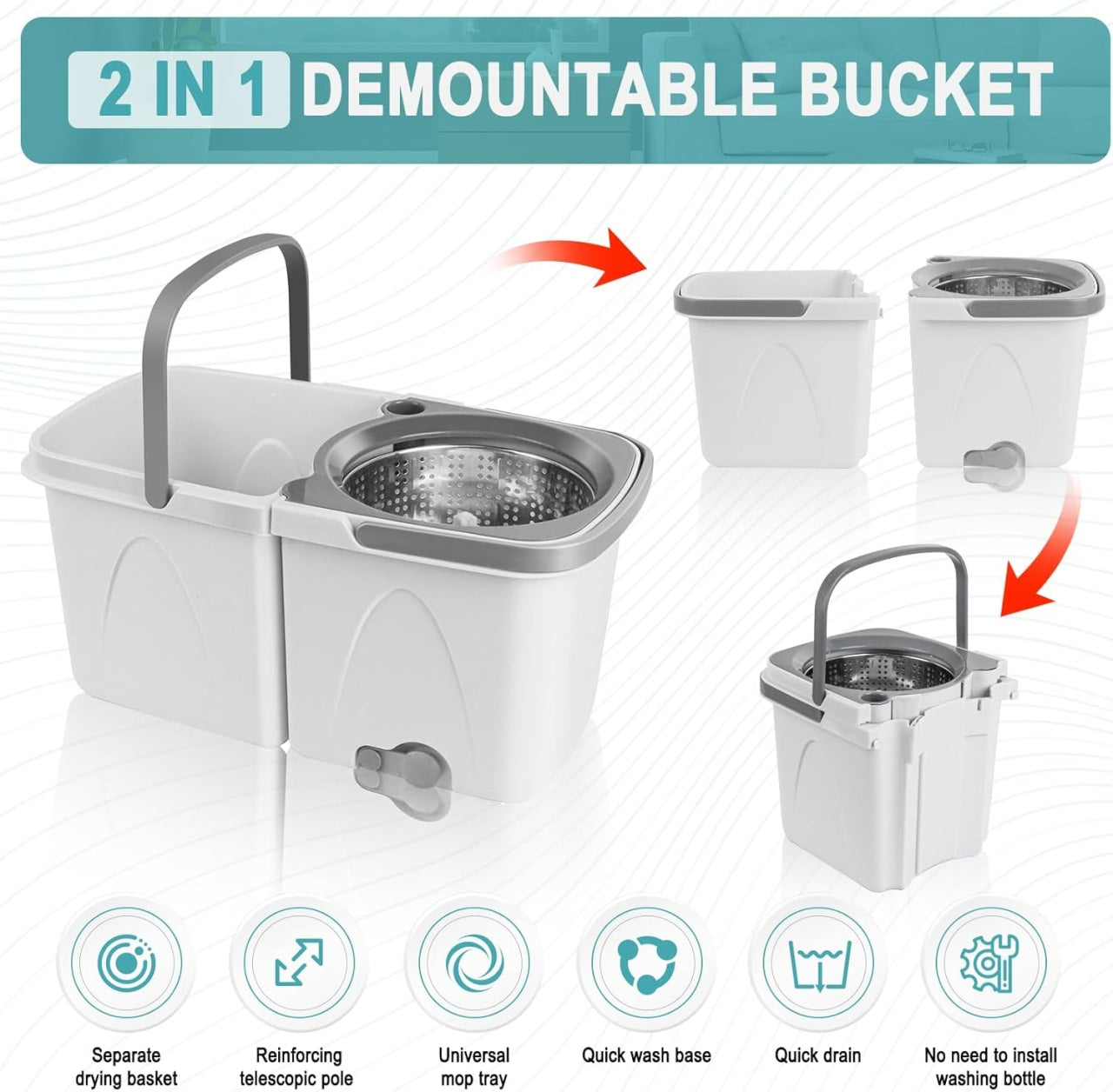 Set de curatenie, galeata cu mop, cuva si tija din inox reglabila pe inaltime, cuva de stoarcere din inox, galeata detasabila, alb