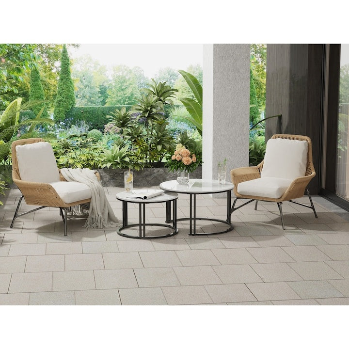 Set de două măsuțe de cafea tip nesting, dimensiuni 50*50*39.5/ 70*70*43.5 cm, din metal si imitatie de marmura, cu blat rotund, alb/negru