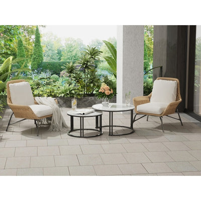 Set de două măsuțe de cafea tip nesting, dimensiuni 50*50*39.5/ 70*70*43.5 cm, din metal si imitatie de marmura, cu blat rotund, alb/negru
