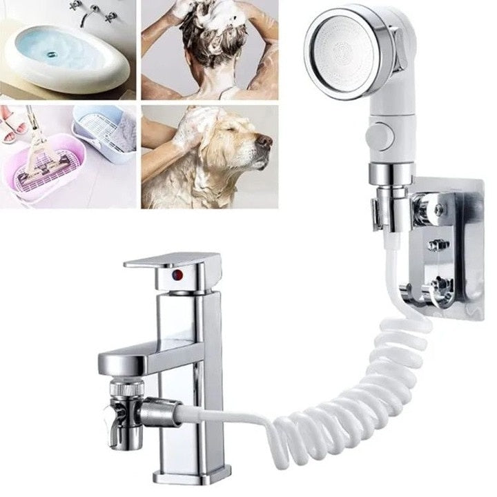 Set de dus cu para, furtun flexibil si suport de perete, pentru robinet de chiuveta, cada sau bideu, din metal si plastic, argintiu