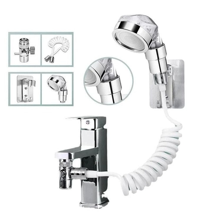 Set de dus cu para, furtun flexibil si suport de perete, pentru robinet de chiuveta, cada sau bideu, din metal si plastic, argintiu