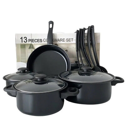 Set de gatit cu 13 piese, oale, cratite, tigaie antiaderenta si ustensile de bucatarie, rezistenta termica ridicata, design ergonomic, negru