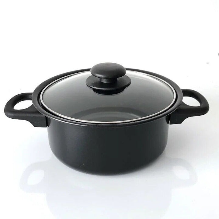 Set de gatit cu 13 piese, oale, cratite, tigaie antiaderenta si ustensile de bucatarie, rezistenta termica ridicata, design ergonomic, negru