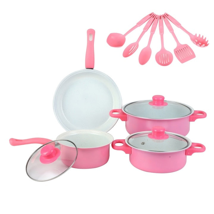 Set de gatit cu 13 piese, oale, cratite, tigaie antiaderenta si ustensile de bucatarie, rezistenta termica ridicata, design ergonomic, roz