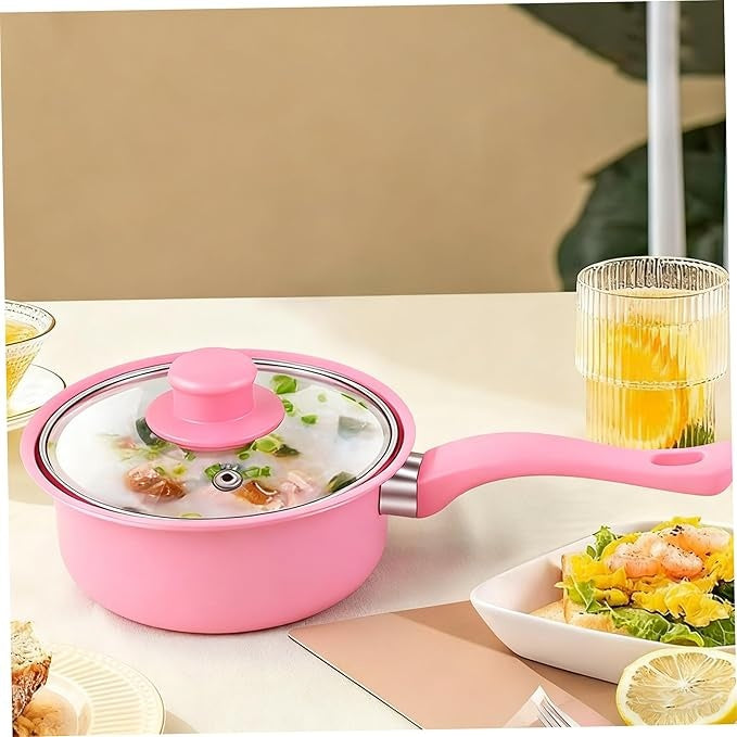 Set de gatit cu 13 piese, oale, cratite, tigaie antiaderenta si ustensile de bucatarie, rezistenta termica ridicata, design ergonomic, roz