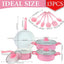 Set de gatit cu 13 piese, oale, cratite, tigaie antiaderenta si ustensile de bucatarie, rezistenta termica ridicata, design ergonomic, roz