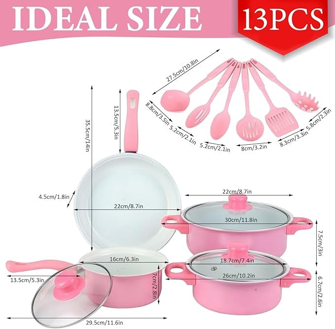 Set de gatit cu 13 piese, oale, cratite, tigaie antiaderenta si ustensile de bucatarie, rezistenta termica ridicata, design ergonomic, roz