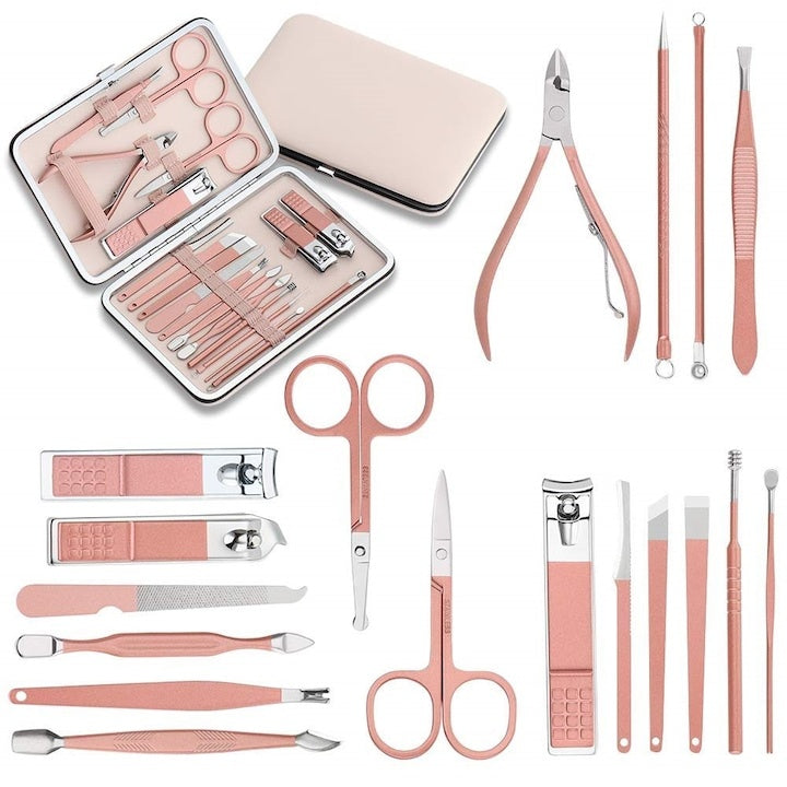 Set de manichiura si pedichiura, cu 18 piese, din otel inoxidabil, etui portabil, roz