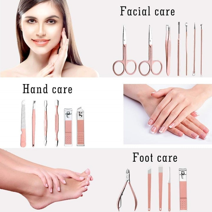 Set de manichiura si pedichiura, cu 18 piese, din otel inoxidabil, etui portabil, roz