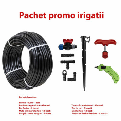 Set irigare cu furtun picurare 16mm, 100m, picuratori la 25cm, debit 4l/h