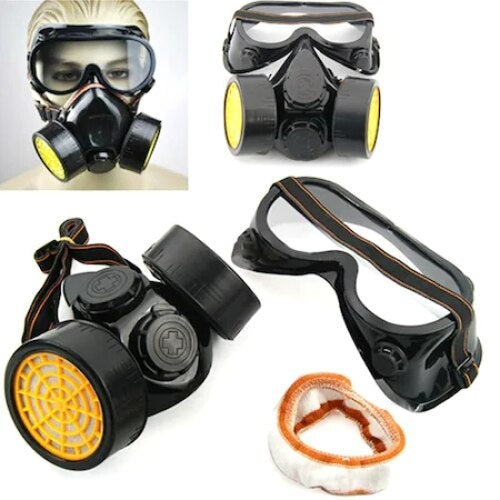 Set masca si ochelari, pentru pentru lucru in mediu chimic, vapori vopsea sau praf, cu 2 filtre cu carbon activ, negru