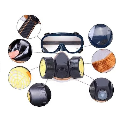 Set masca si ochelari, pentru pentru lucru in mediu chimic, vapori vopsea sau praf, cu 2 filtre cu carbon activ, negru