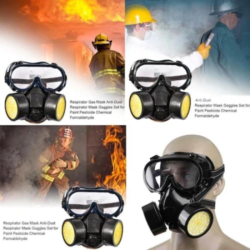 Set masca si ochelari, pentru pentru lucru in mediu chimic, vapori vopsea sau praf, cu 2 filtre cu carbon activ, negru