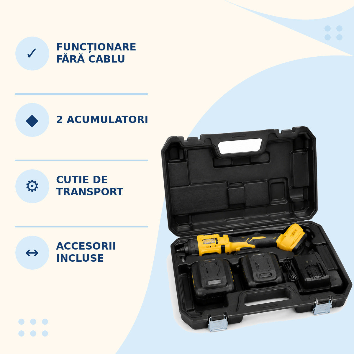 Set Mașină de Găurit cu Acumulator, 2 Baterii și Accesorii, Galben-Negru – imagine 3