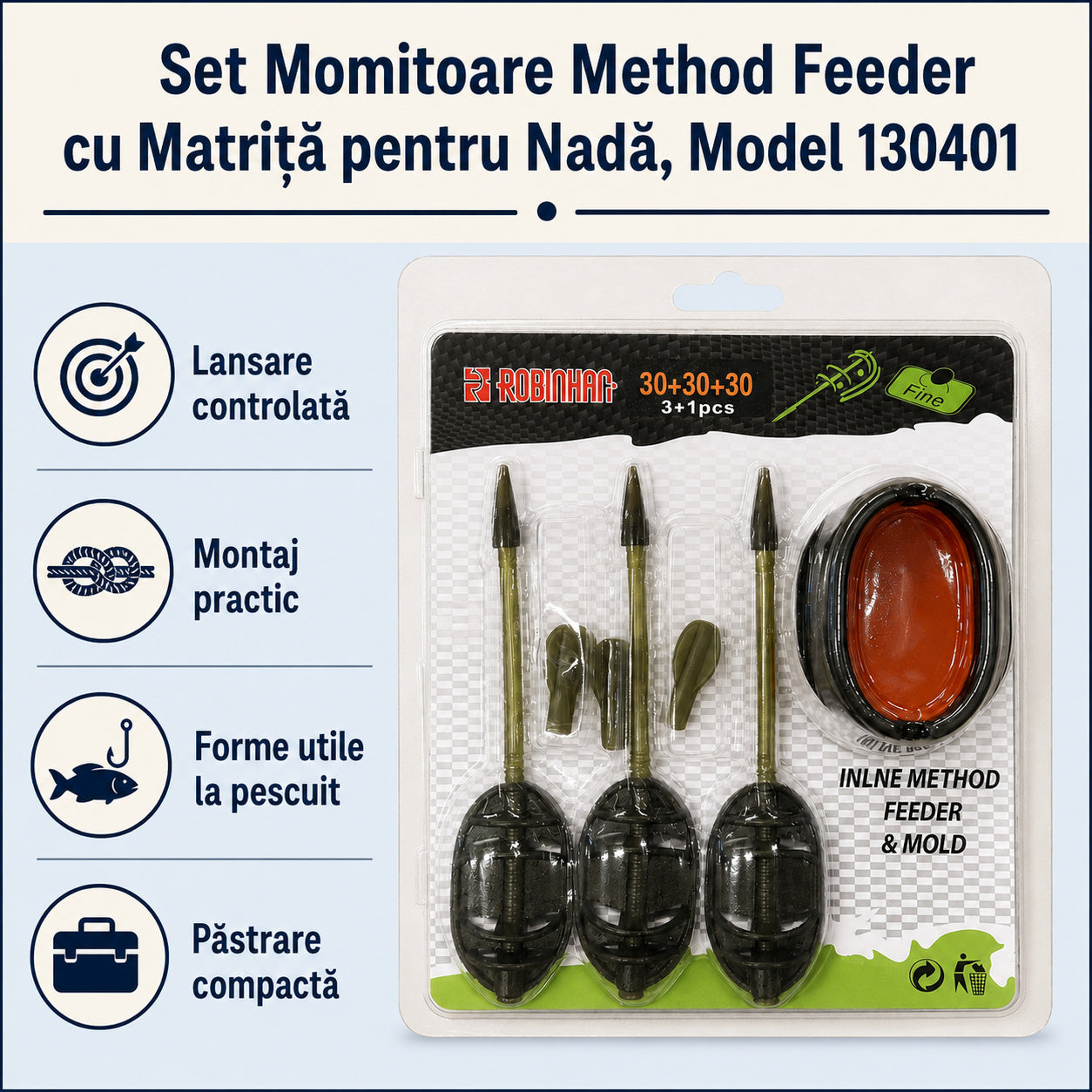 Set Momitoare Method Feeder cu Matriță pentru Nadă, Model 130401 – caracteristici