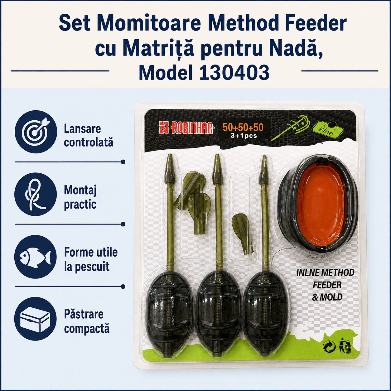 Set Momitoare Method Feeder cu Matriță pentru Nadă, Model 130403 – caracteristici