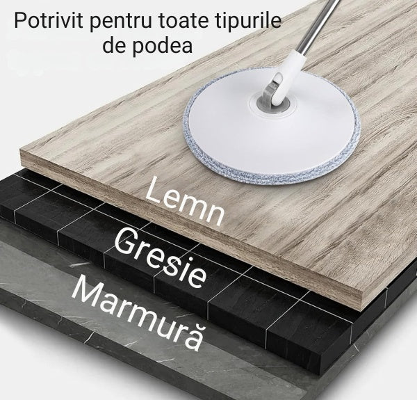 Set mop cu galeata, rotire 360°, separare apa curata/murdara, 2 lavete din microfibra, alb