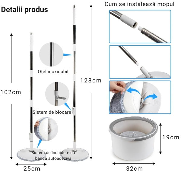 Set mop cu galeata, rotire 360°, separare apa curata/murdara, 2 lavete din microfibra, alb