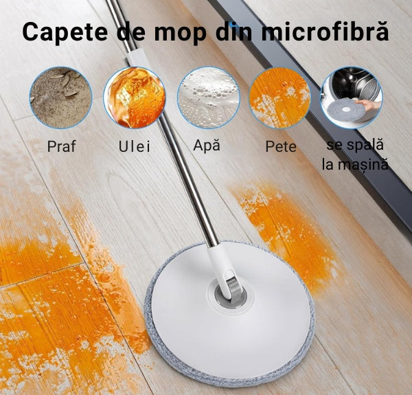 Set mop cu galeata, rotire 360°, separare apa curata/murdara, 2 lavete din microfibra, alb