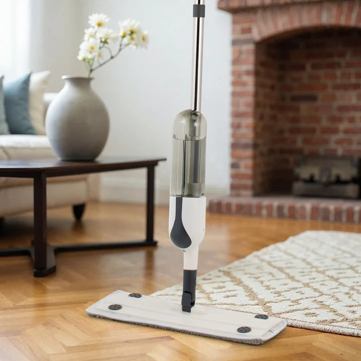 Set mop plat cu pulverizator, maner din aluminiu de 125 cm, cap din microfibra, rezervor integrat ,ideal pentru curatarea eficienta a podelelor din lemn, gresie sau laminat, alb
