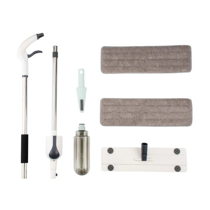 Set mop plat cu pulverizator, maner din aluminiu de 125 cm, cap din microfibra, rezervor integrat ,ideal pentru curatarea eficienta a podelelor din lemn, gresie sau laminat, alb