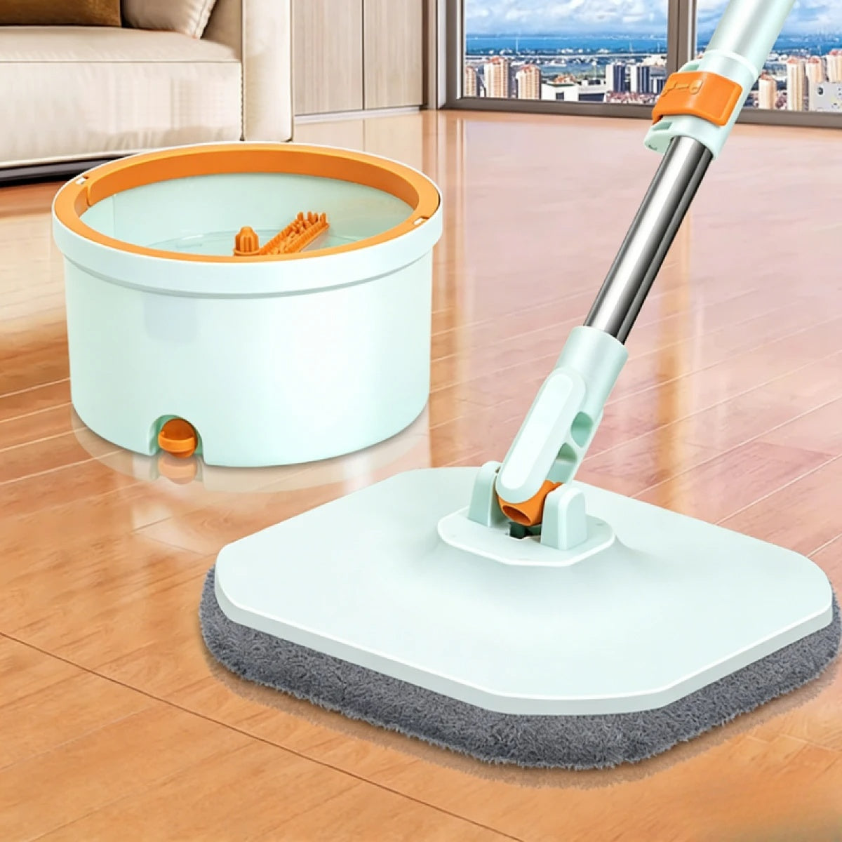 Set mop rotativ 360° cu galeata centrifuga, separare apa curata de apa murdara, sistem evacuare apa, 4 rezerve, gri