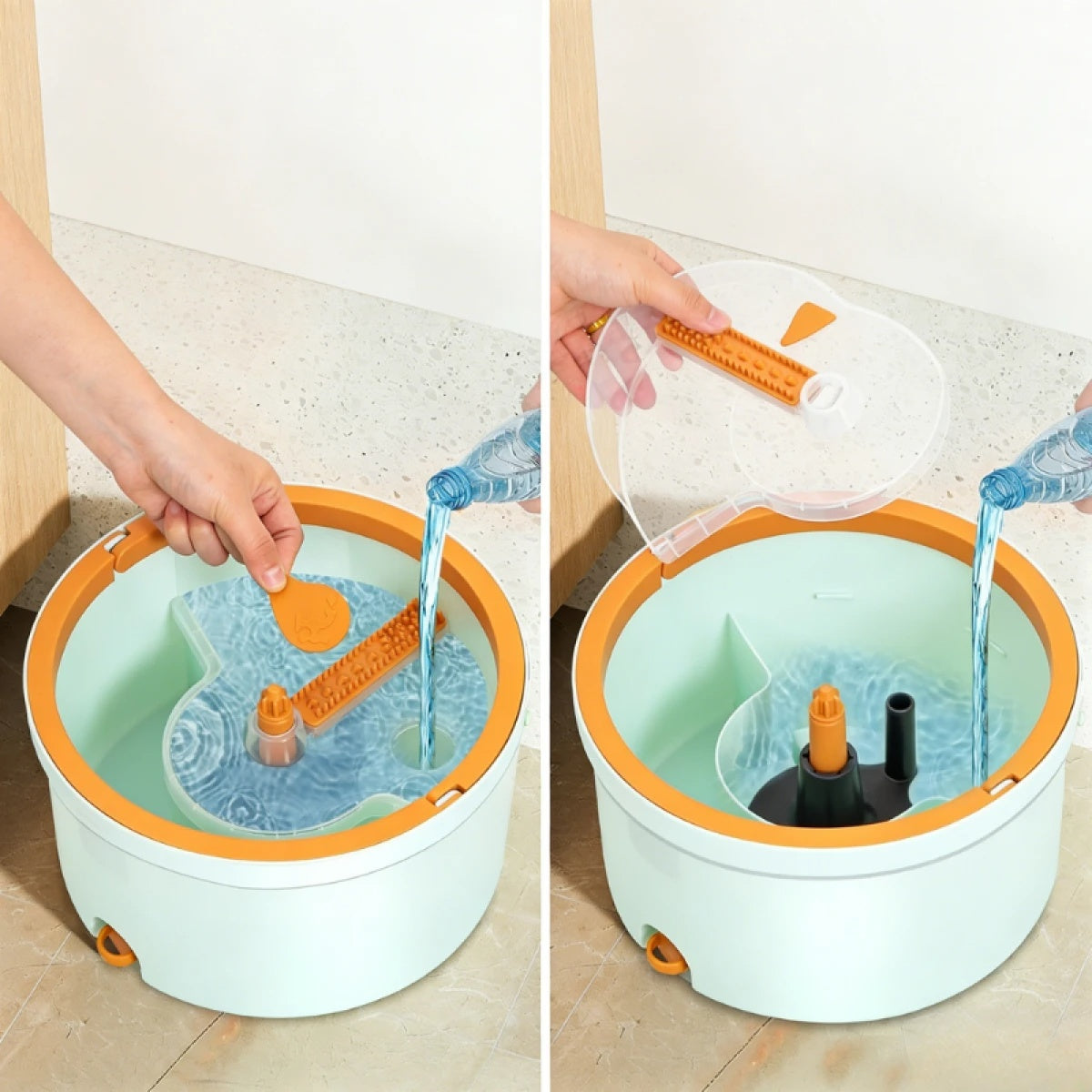 Set mop rotativ 360° cu galeata centrifuga, separare apa curata de apa murdara, sistem evacuare apa, 4 rezerve, gri
