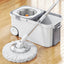 Set mop rotativ 360°, galeata centrifuga din inox, 4 rezerve, sistem evacuare apa, din inox si plastic, alb/gri