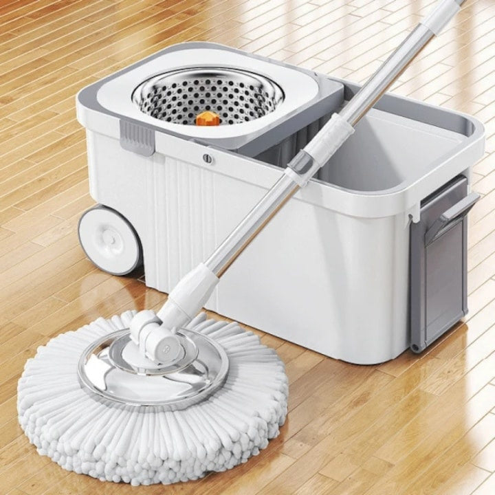 Set mop rotativ 360°, galeata centrifuga din inox, 4 rezerve, sistem evacuare apa, din inox si plastic, alb/gri