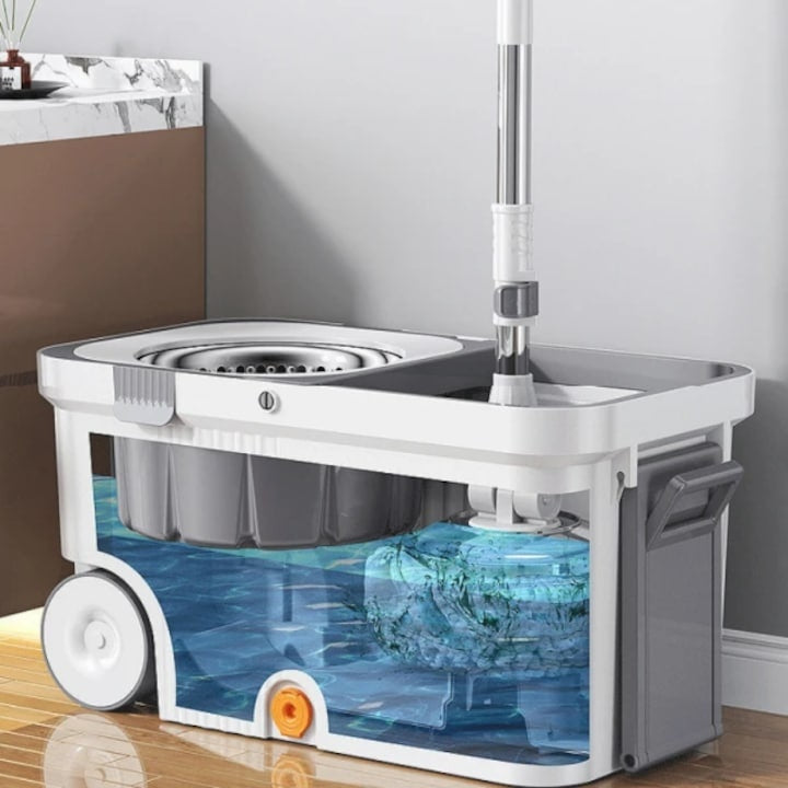 Set mop rotativ 360°, galeata centrifuga din inox, 4 rezerve, sistem evacuare apa, din inox si plastic, alb/gri